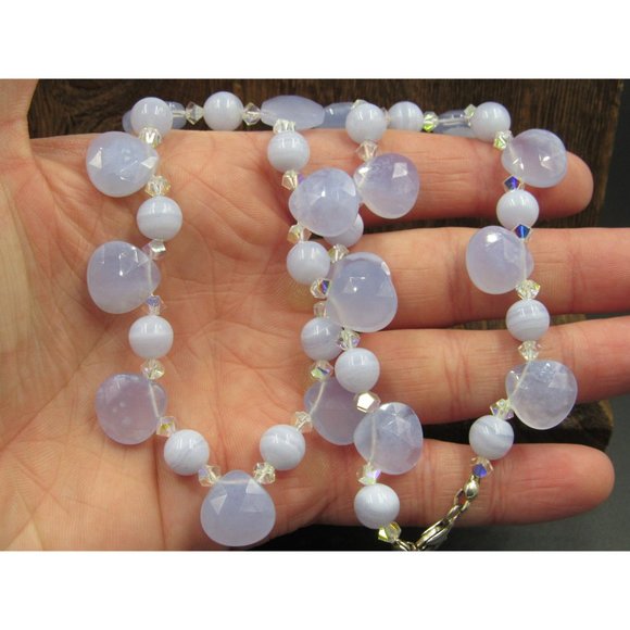 16" Sterling Silver Blue Lace Agate And Faux Stone Necklace Vintage Minimalist - Picture 2 of 7